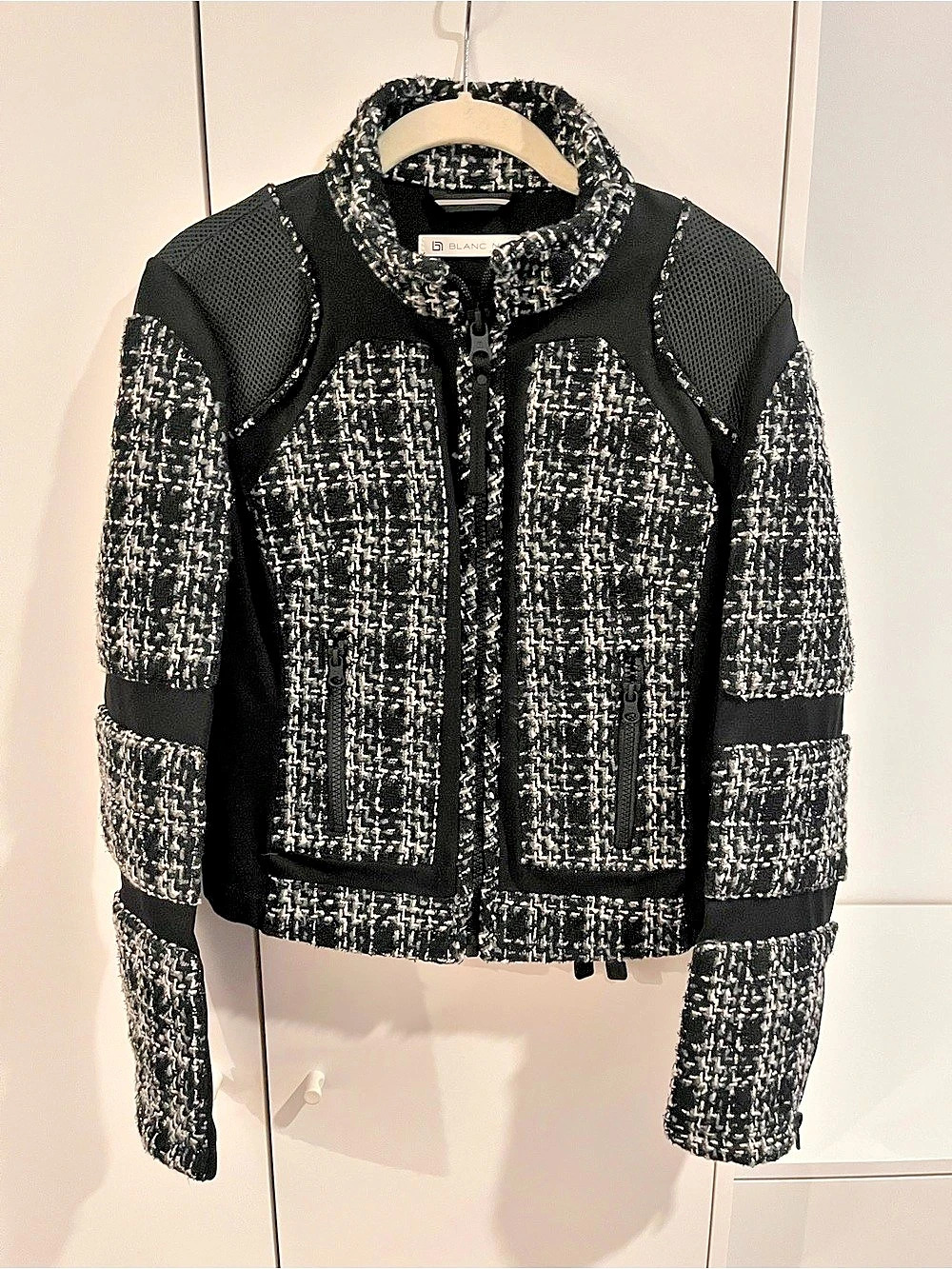 BLANC NOIR Tweed Bomber Jacket in Black & White Size Medium